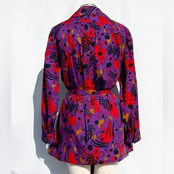 YVES Saint Laurent Vintage 1990s Purple Red Abstract Belted Shirt Jacket Dress - Picture 3 of 11